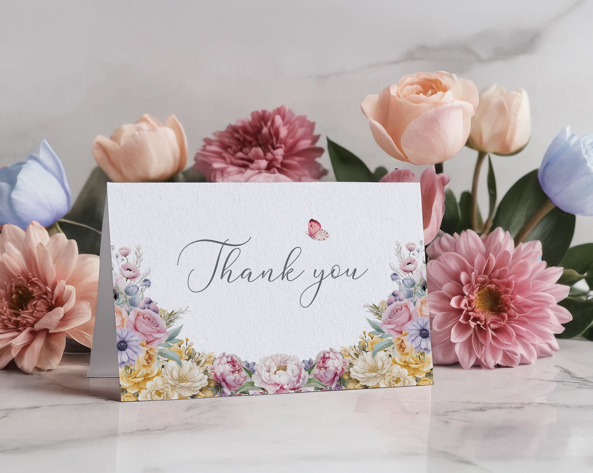 5 x 3.5 Thank You Tent Card, Pastel Flowers, Editable Wording, Butterfly