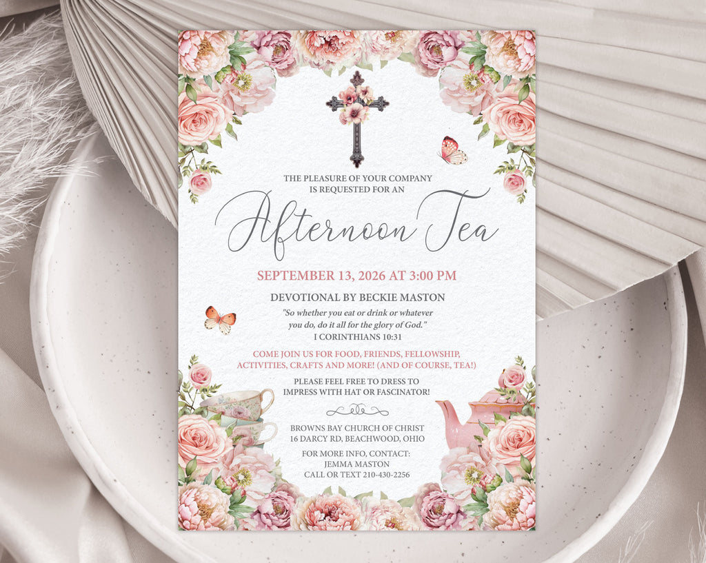 5 x 7 Invitation card for a church ladies afternoon tea event with floral cross, teapot, tea cups and butterfly