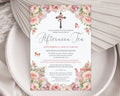 5 x 7 Invitation card for a church ladies afternoon tea event with floral cross, teapot, tea cups and butterfly