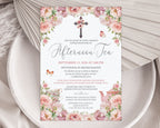 5 x 7 Invitation card for a church ladies afternoon tea event with floral cross, teapot, tea cups and butterfly