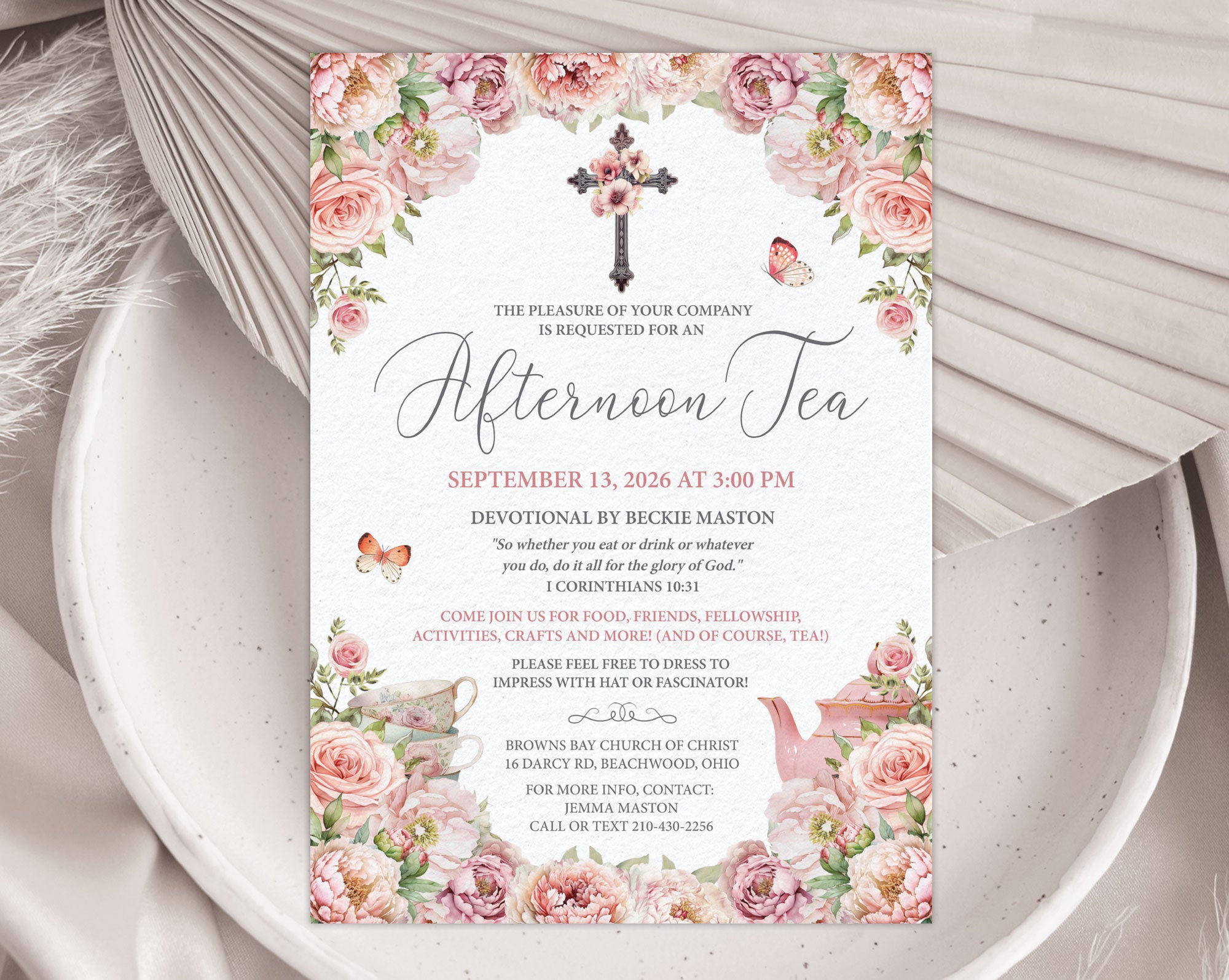 5 x 7 Invitation card for a church ladies afternoon tea event with floral cross, teapot, tea cups and butterfly