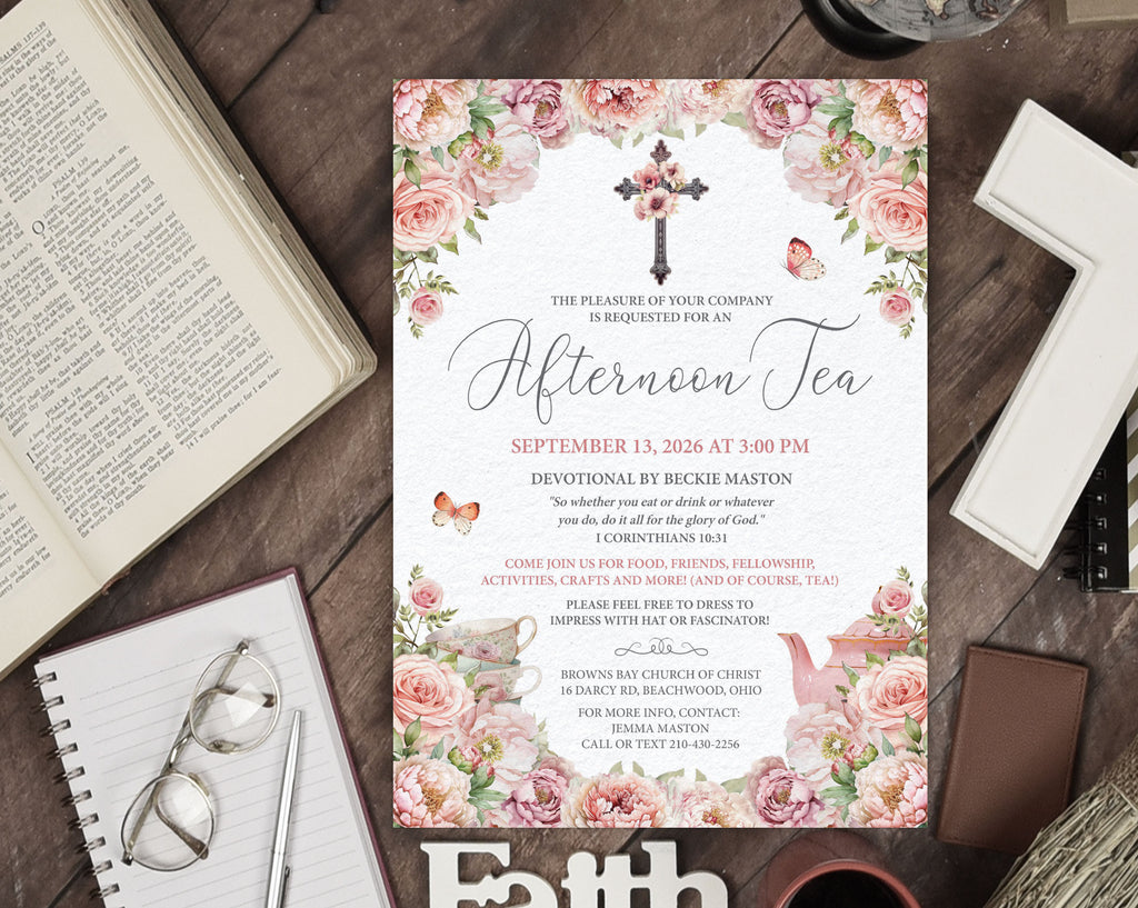 Church Invitation card for an afternoon tea event with floral design, scripture and cross on a wooden surface with bible and eye glasses