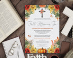 A fall afternoon tea invitation card with autumn floral borders, a cross and nativity design, and event details, styled on a dark wood tabletop with an open Bible, notebook, glasses, and other seasonal props.