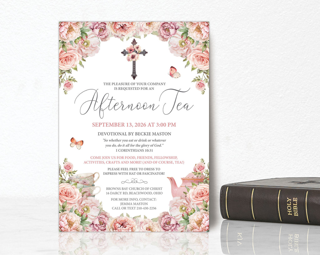 ladies church Invitation card for an afternoon tea event with scripture, teapot and cups, cross and floral design on a white background next to a bible
