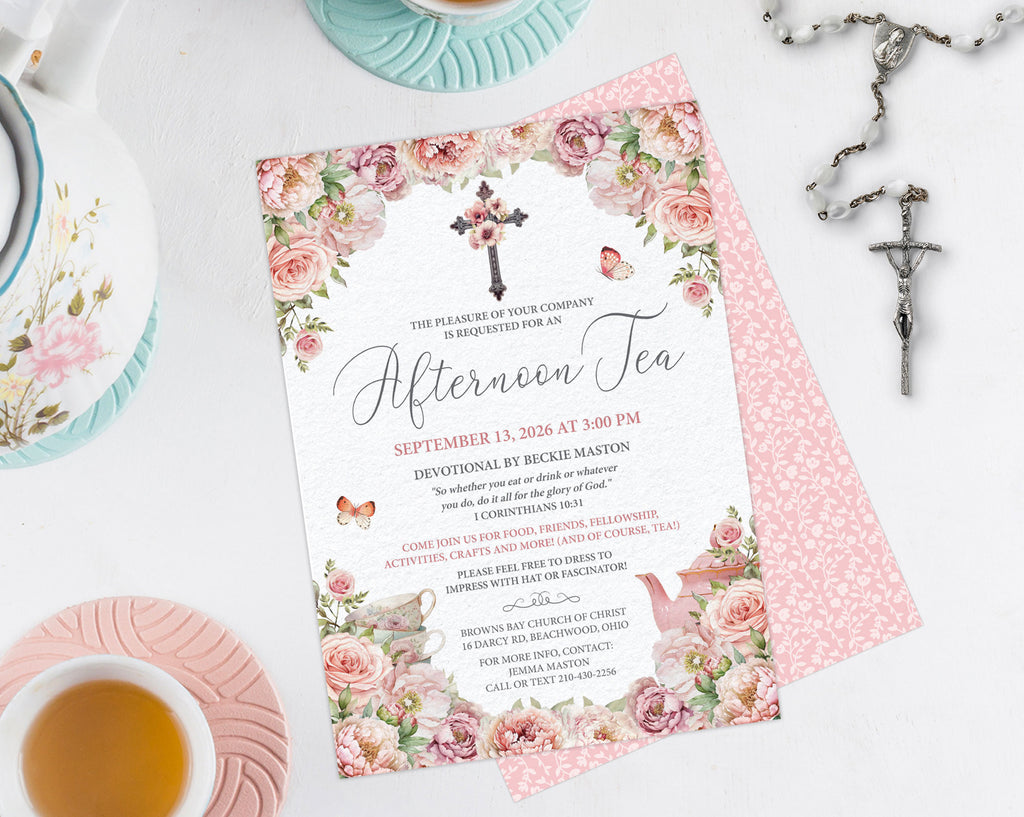 blush pink Afternoon tea invitation for church ladies with floral design on a white surface with tea cups and saucers.