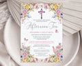 church ladies Invitation card for an afternoon tea event with pastel floral design and cross symbol laying on a plate and dried leaf.