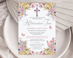 church ladies Invitation card for an afternoon tea event with pastel floral design and cross symbol laying on a plate and dried leaf.