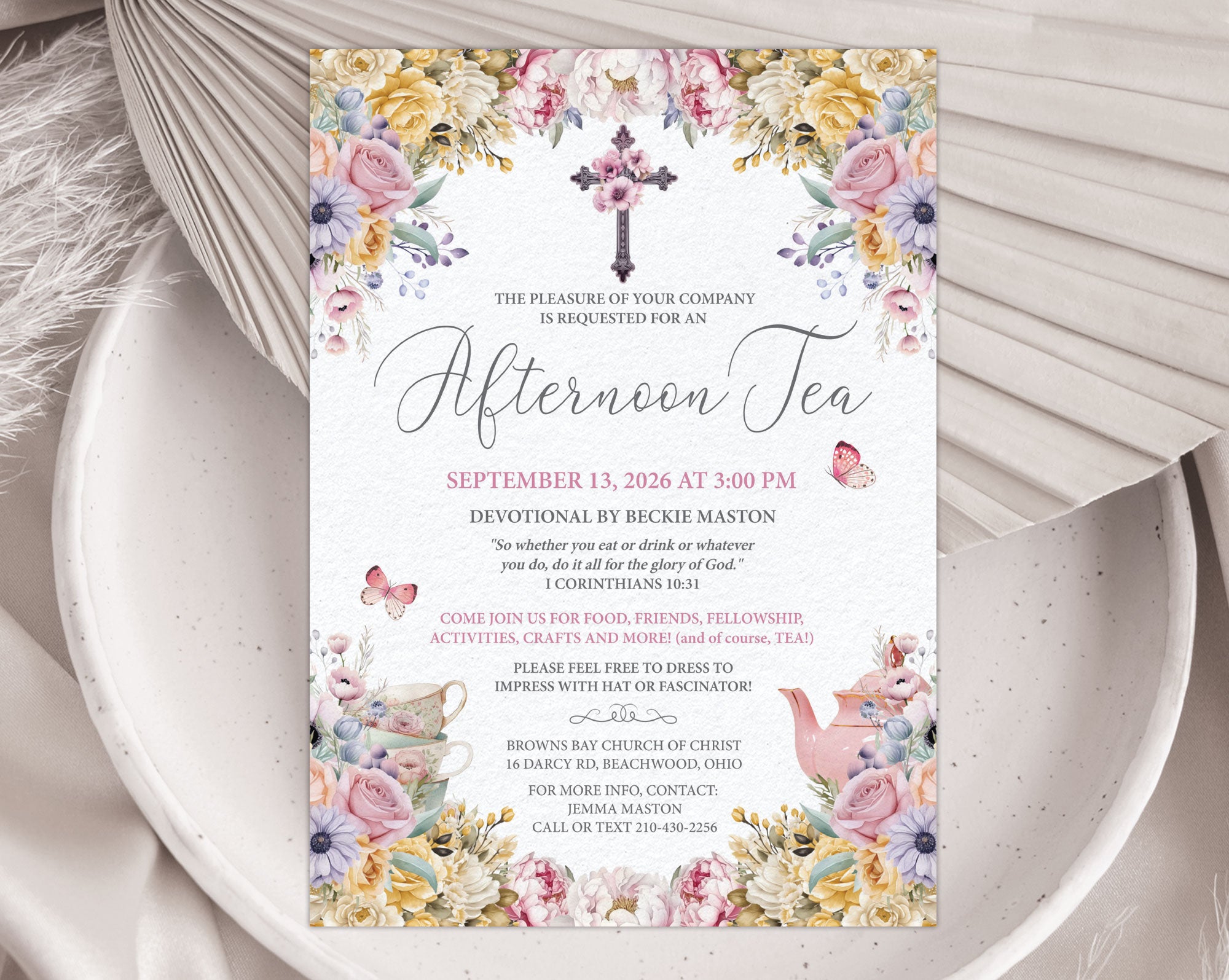 church ladies Invitation card for an afternoon tea event with pastel floral design and cross symbol laying on a plate and dried leaf.