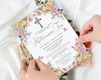 pastel Floral invitation card for a church tea with scripture held by a person on a white fabric background
