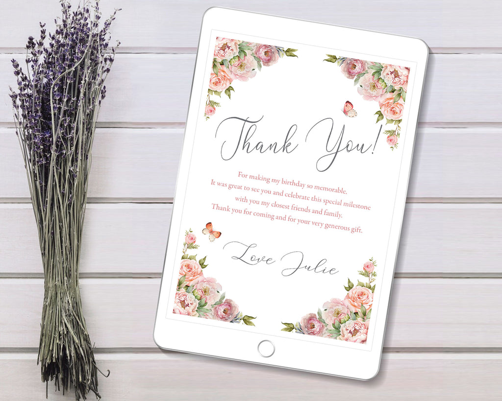 Floral 'Thank You' card on a digital device with lavender on a wooden background