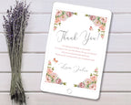 Floral 'Thank You' card on a digital device with lavender on a wooden background