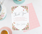 Floral 'Thank You' card with a pink back with tea cups in the background
