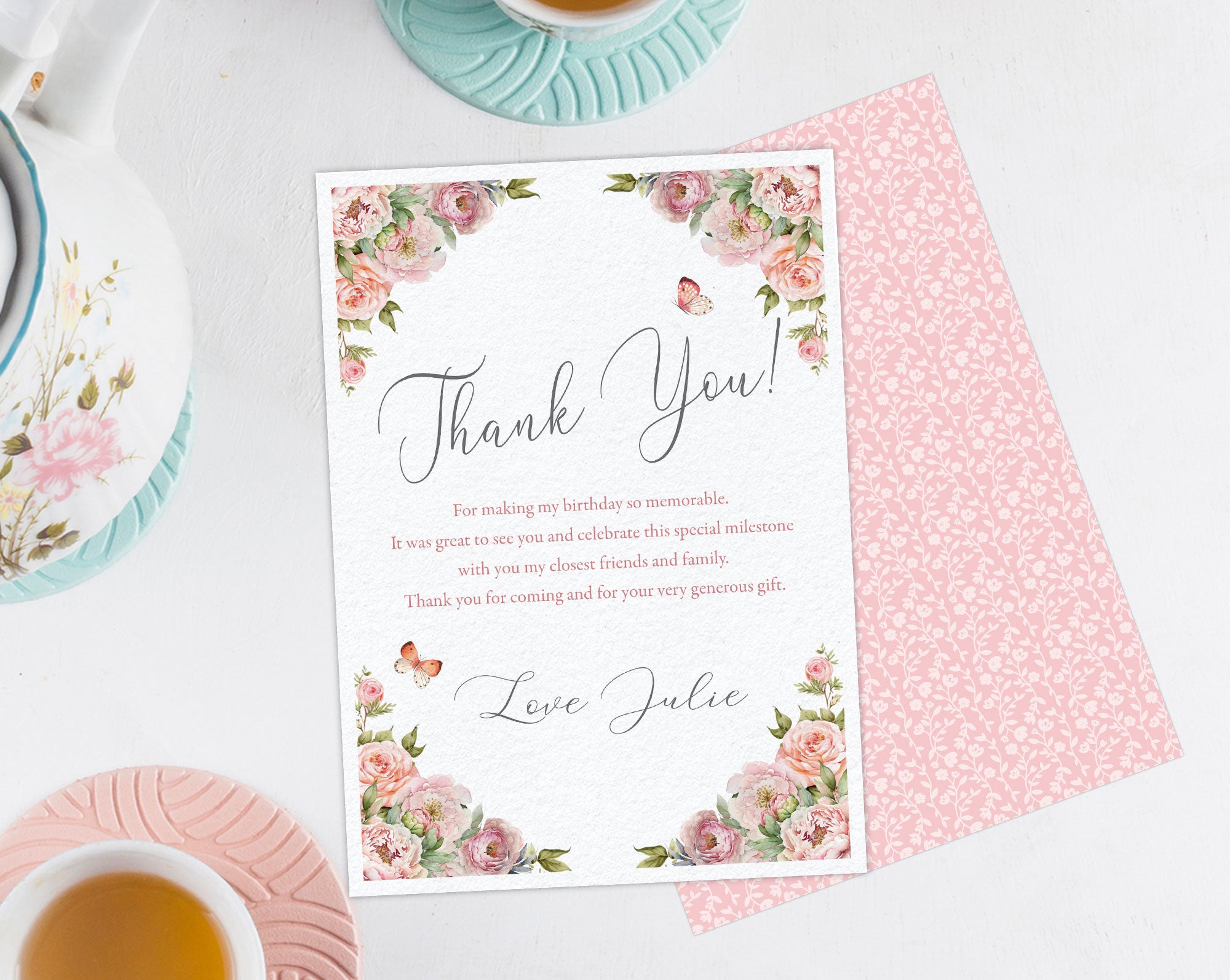 Floral 'Thank You' card with a pink back with tea cups in the background