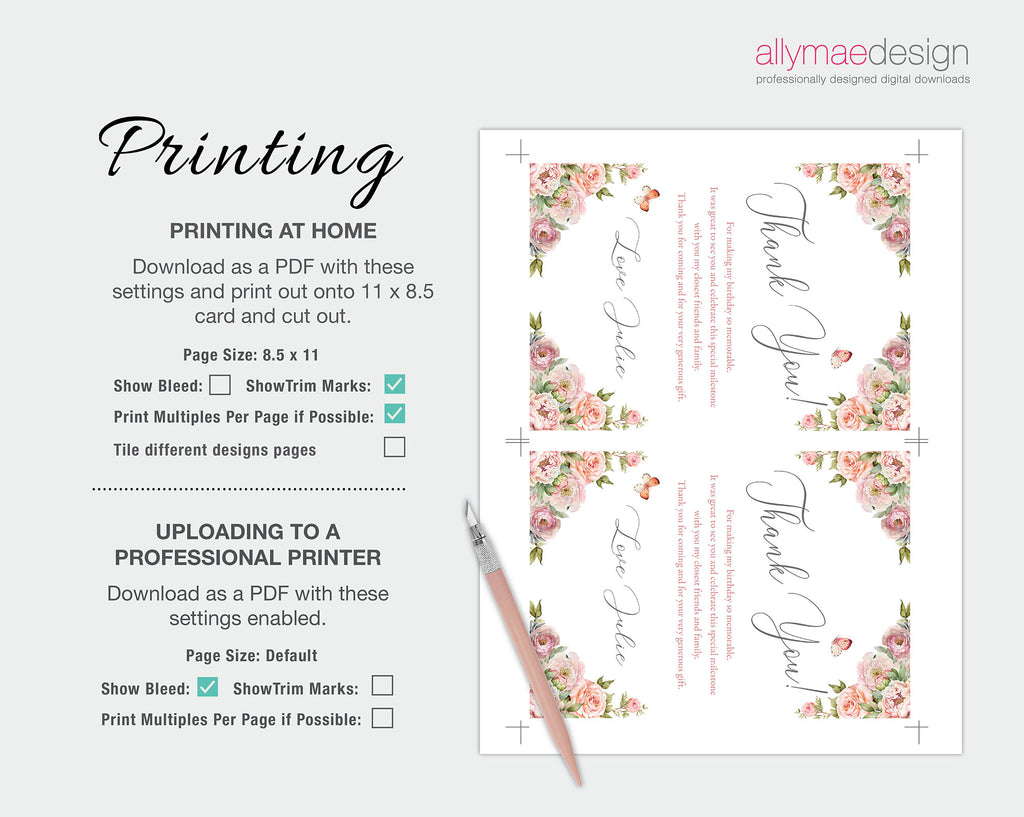 Floral design printables with instructions on printing at home and uploading to a professional printer.