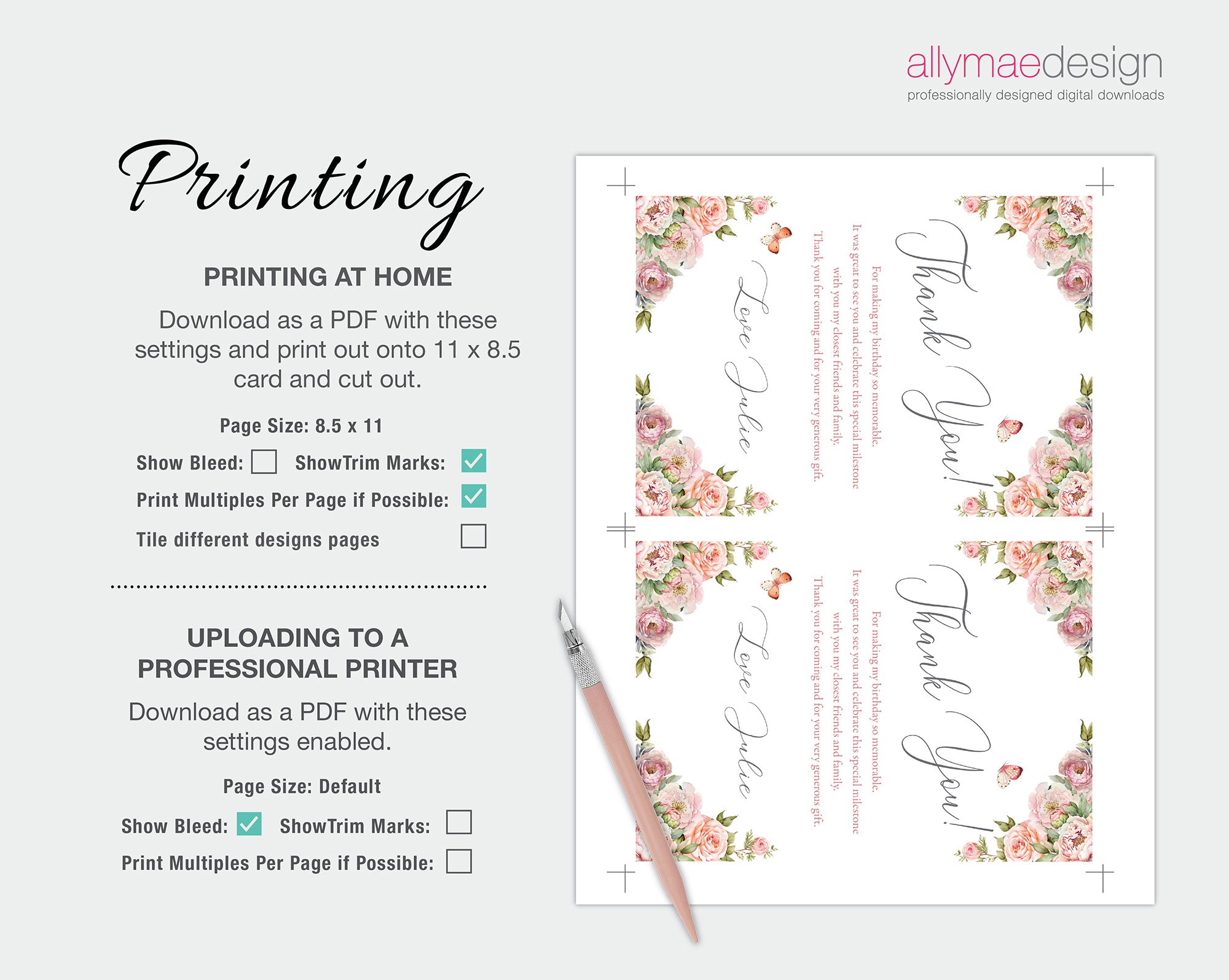 Floral design printables with instructions on printing at home and uploading to a professional printer.