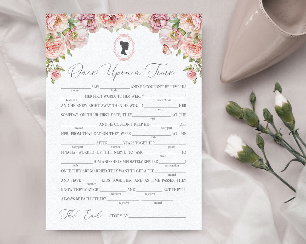 EDITABLE 10 x Bridal Shower Games, Blush Pink, 5 x 7, Regency Cameo, Butterfly, Once upon a time