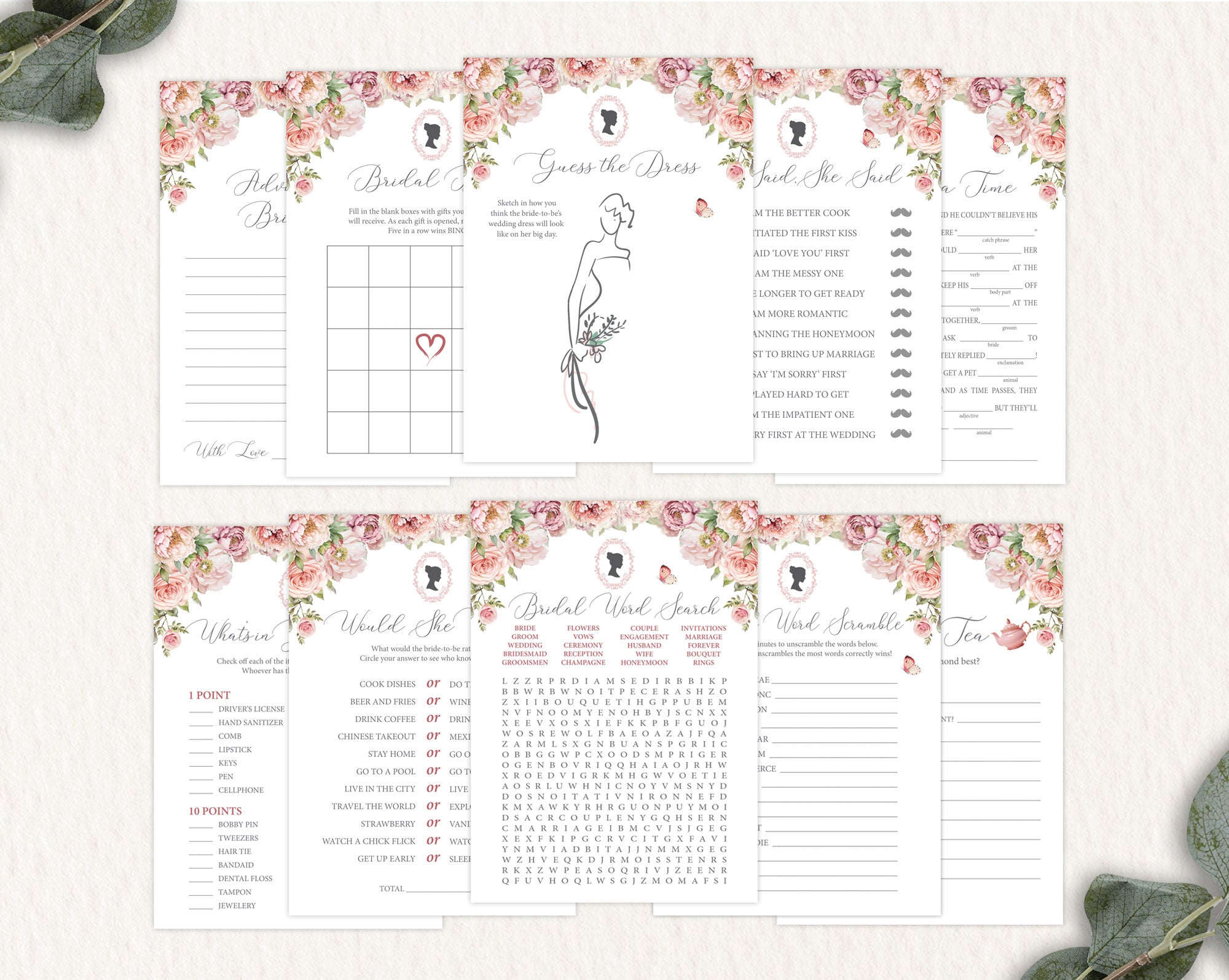 EDITABLE Blush Pink Bridal Shower Games, Bridal Bingo, Spill the Tea, Guess the Dress, Bridal Word Scramble