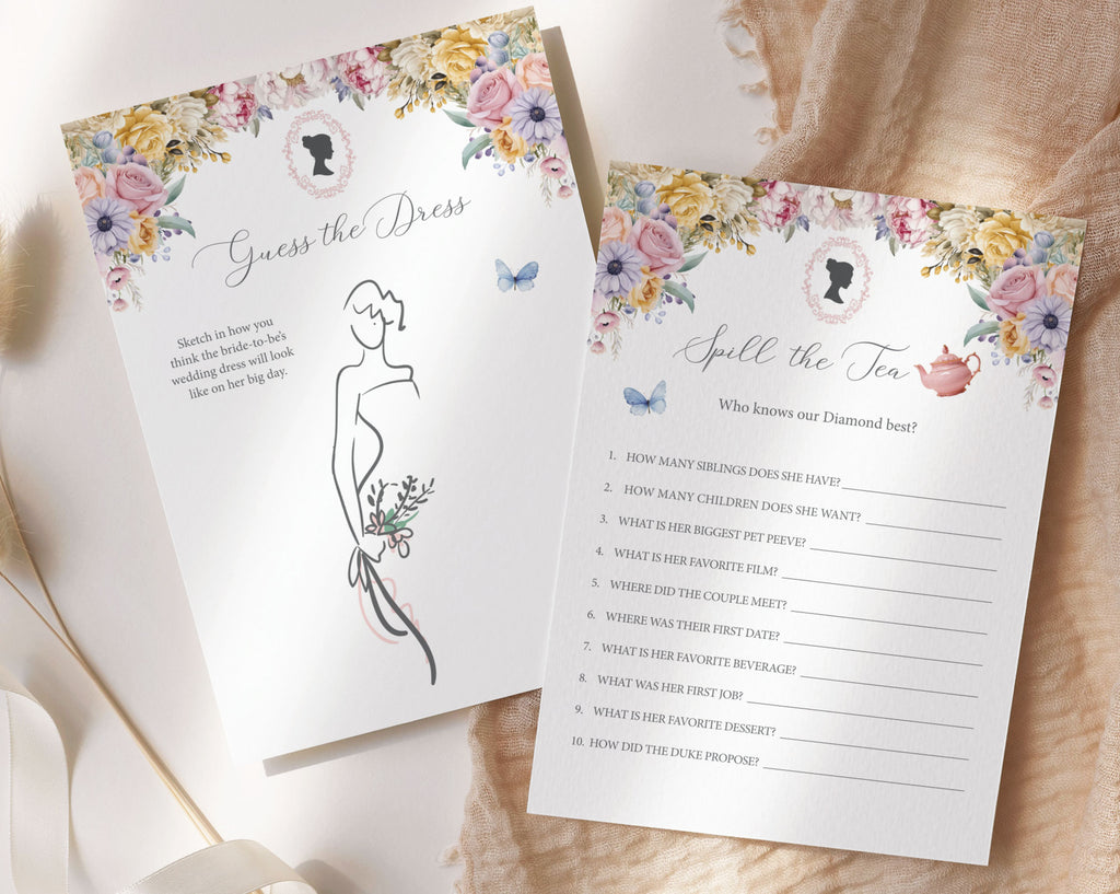 10 Bridal Shower Games with Pastel Flowers, Regency Style Cameo, 5x7 Editable Corjl Template