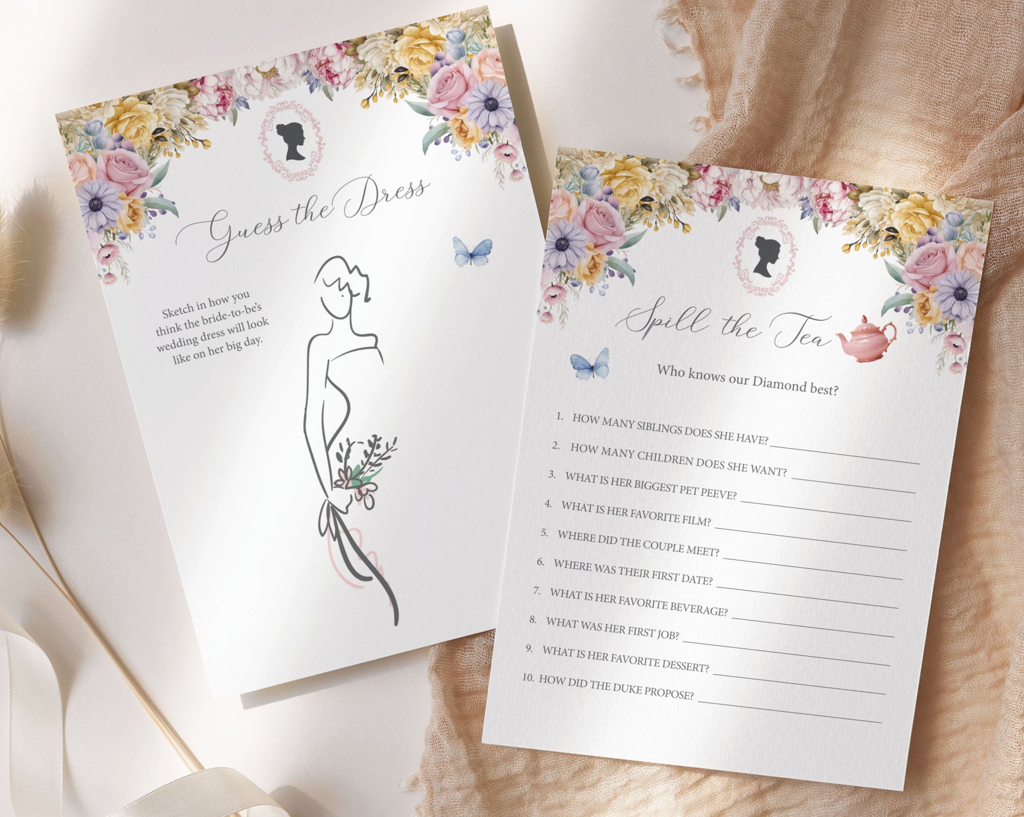 10 Bridal Shower Games with Pastel Flowers, Regency Style Cameo, 5x7 Editable Corjl Template