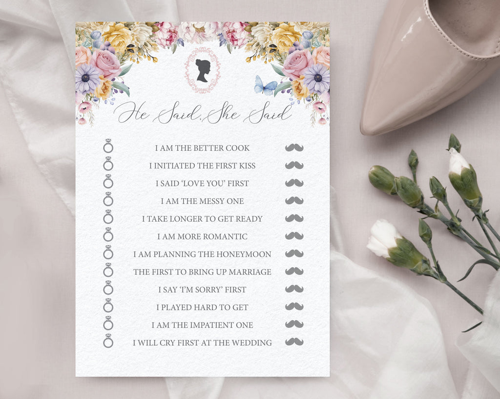10 bridal shower games and 2 answer sheets