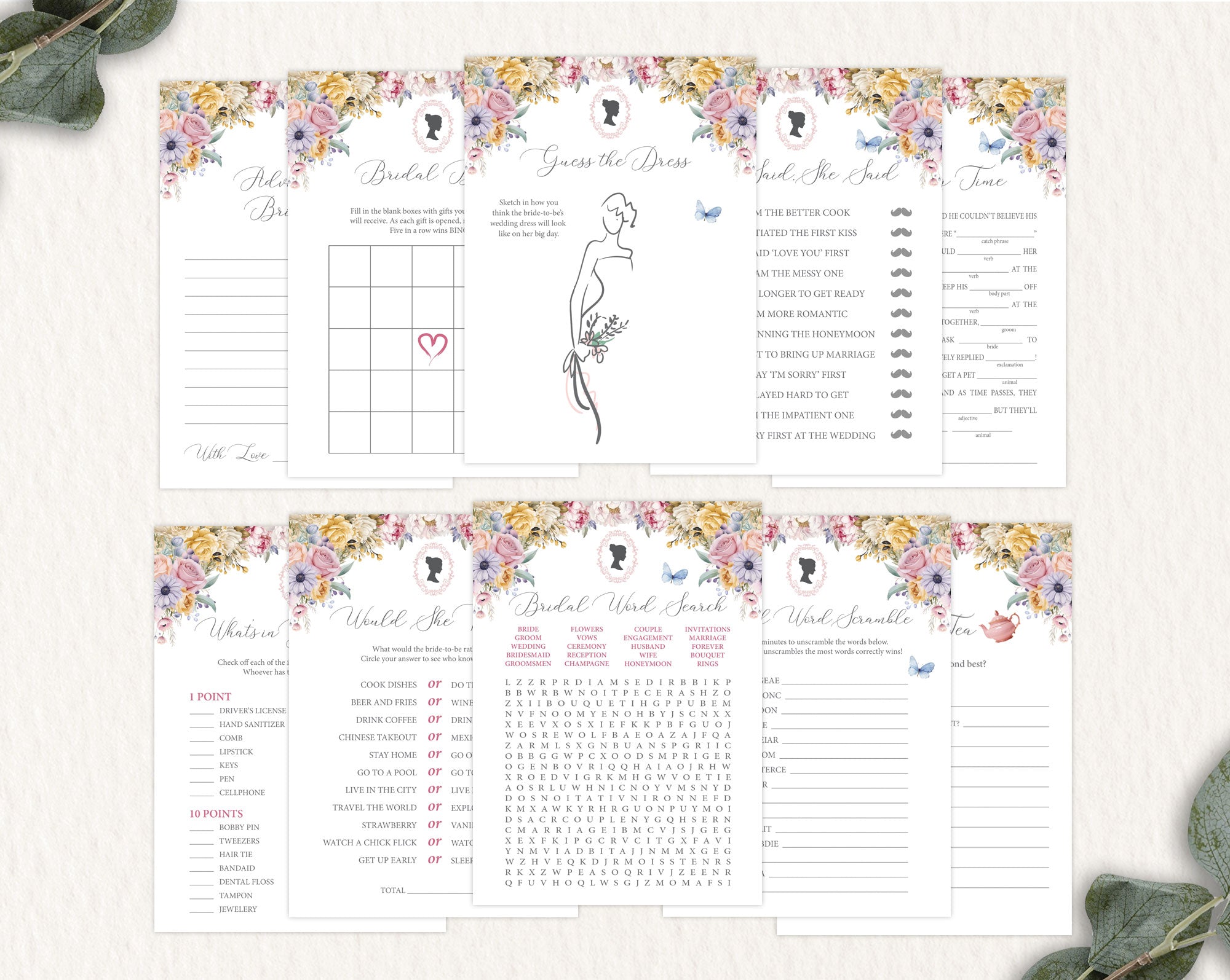 10 bridal shower games with pastel flowers, regency theme with cameo
