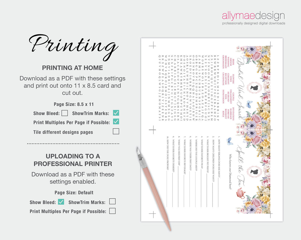 how to print your pastel bridal shower games at home