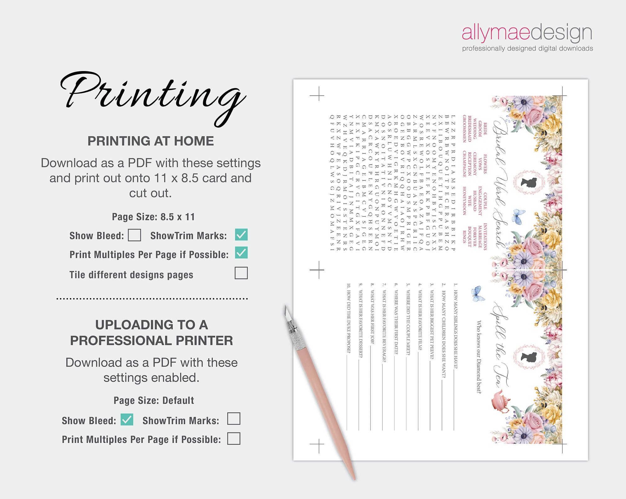 how to print your pastel bridal shower games at home
