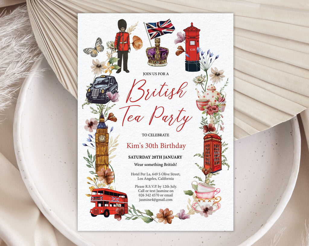 Invitation card for a British Tea Party with London-themed illustrations on a textured surface.