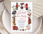 Invitation card for a British Tea Party with London-themed illustrations on a textured surface.
