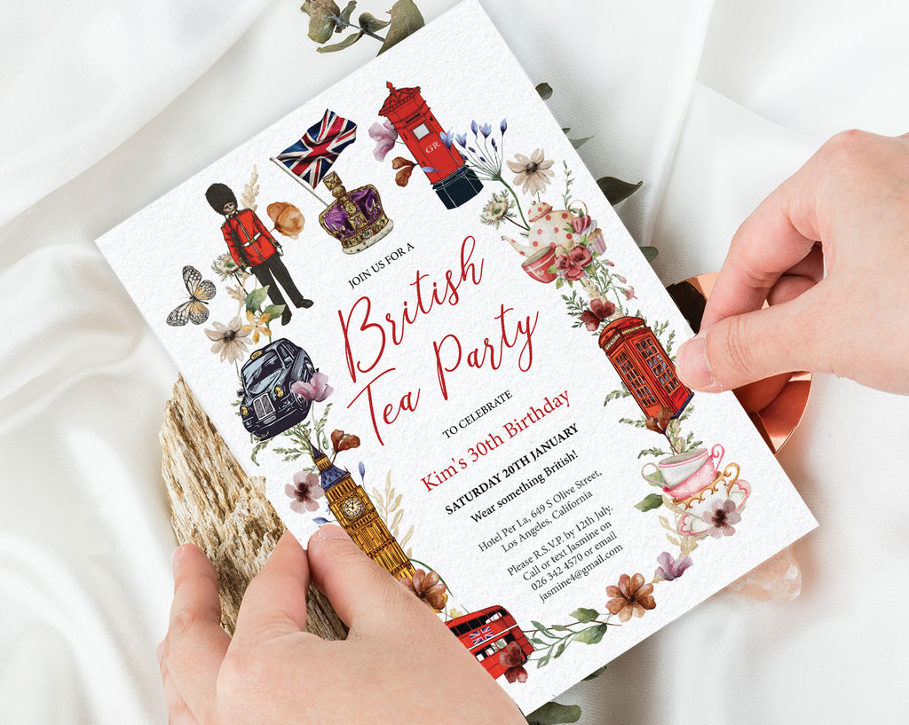 Invitation card for a British Tea Party held by hands on a white background