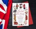 Invitation card for a British Tea Party with British-themed illustrations on a wooden surface.