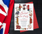 Invitation card for a British Tea Party with British-themed illustrations on a wooden surface.