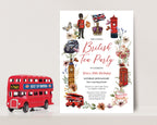 Invitation card for a London style Tea Party with red double-decker bus, Big Ben, and floral elements on a white background