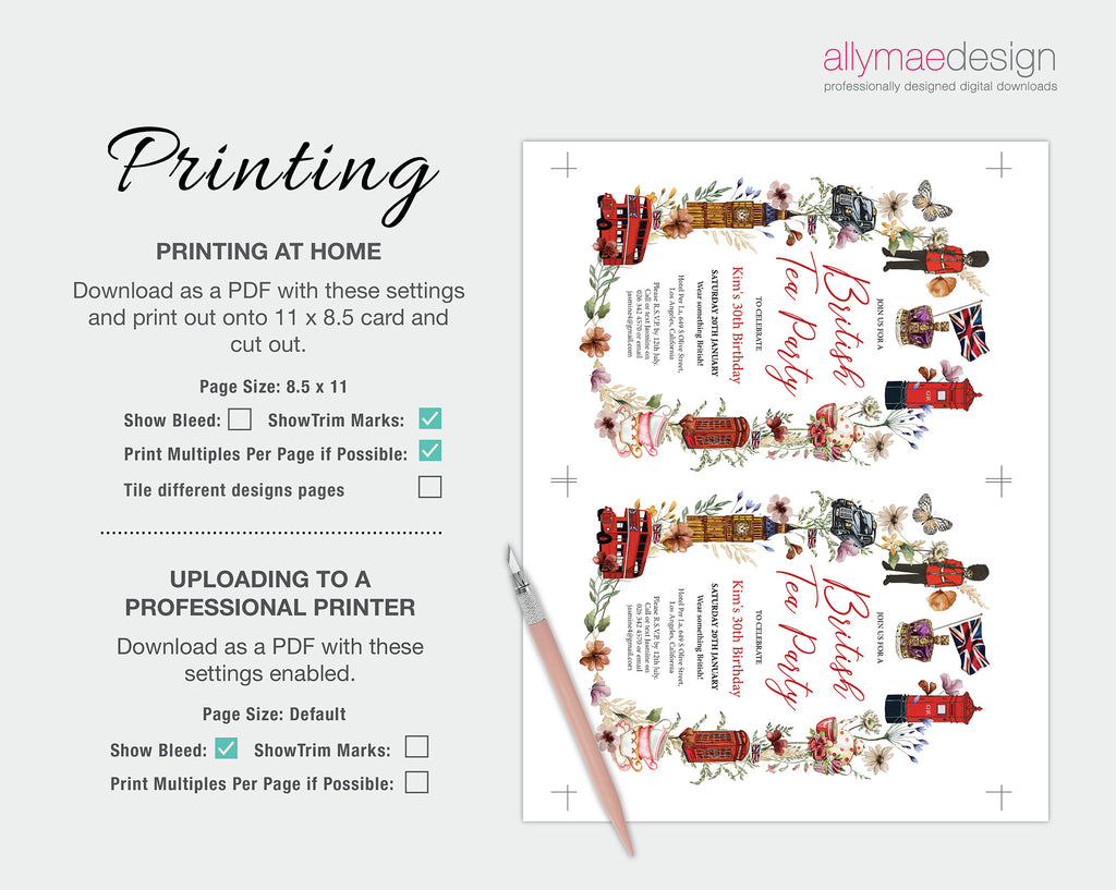 Instructions for printing the british tea party invitatio