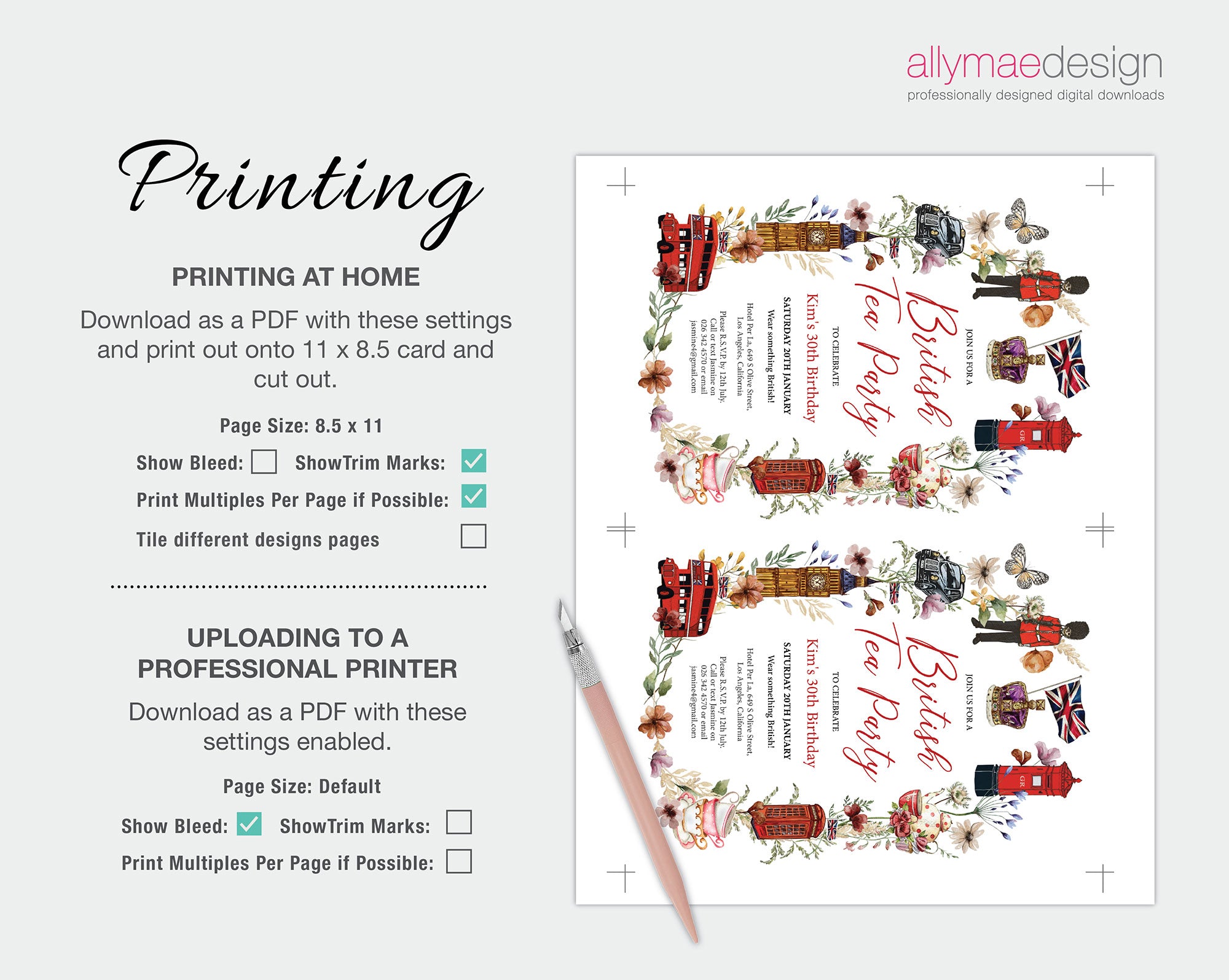 Instructions for printing the british tea party invitatio