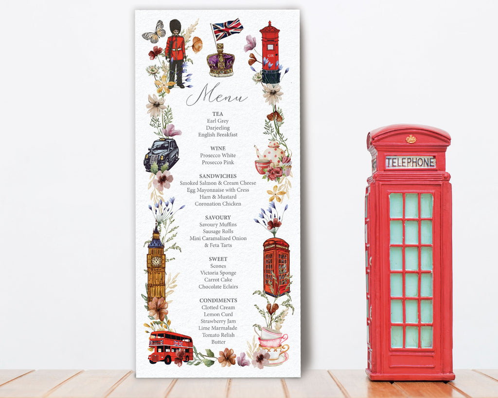 british style menu with London icons, leaning up against a white wall next to a model of a red london telephone box