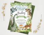 a 5 x 7 dinosaur birthday invitation showing the dinosaur skin back with dried leaves