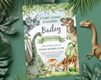 Dinosaur-themed birthday invitation with illustrations of various dinosaurs on a green leafy background.