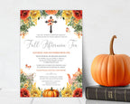 A fall-themed invitation card for an autumn tea event, styled on a white textured background with a large orange pumpkin and a black Bible on a surface below. The card features a white center with elegant script text, surrounded by a colorful border of pumpkins, fall leaves, butterflies, and a cross.