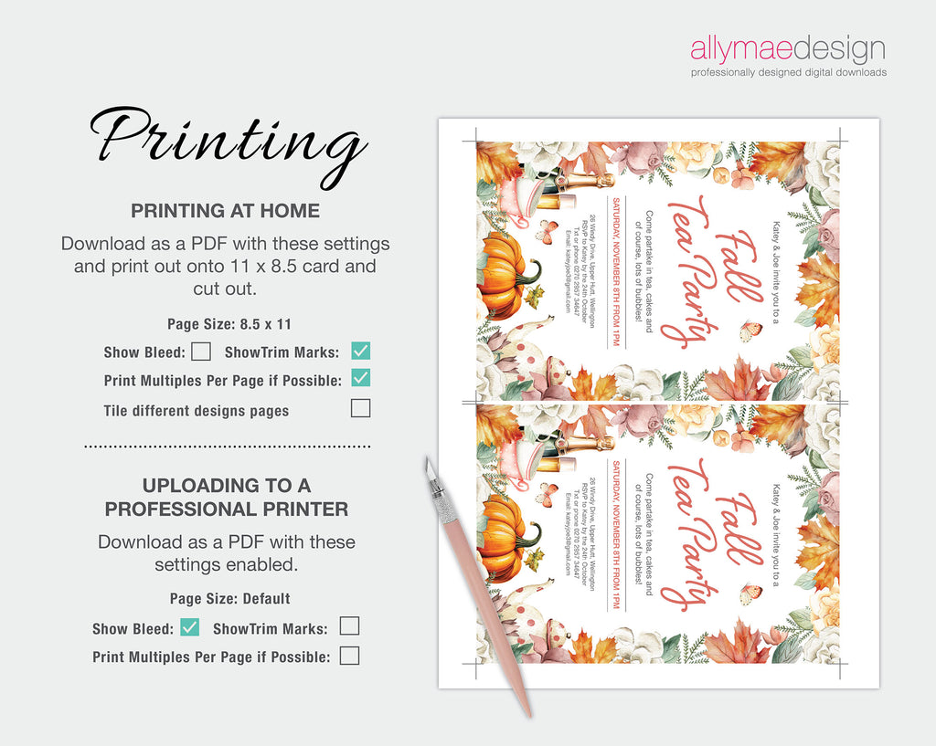 A digital printable fall tea party invitation template shown on a light gray background with instructions on the left and the invitation design preview on the right. The design features watercolor pumpkins, autumn leaves, and red script text reading 'Fall Tea Party'.