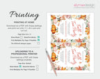 A digital printable fall tea party invitation template shown on a light gray background with instructions on the left and the invitation design preview on the right. The design features watercolor pumpkins, autumn leaves, and red script text reading 'Fall Tea Party'.