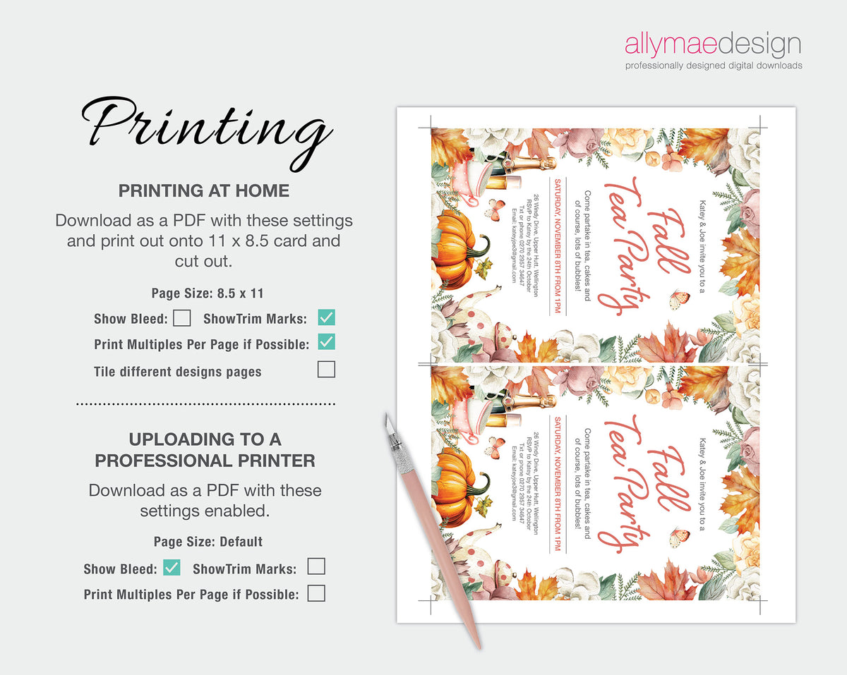 A digital printable fall tea party invitation template shown on a light gray background with instructions on the left and the invitation design preview on the right. The design features watercolor pumpkins, autumn leaves, and red script text reading 'Fall Tea Party'.