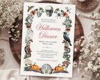 A Halloween dinner invitation card with a vintage botanical illustration, styled on a rustic wooden tray surrounded by white baby's breath flowers and a wicker basket.