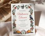 A Halloween dinner invitation card with a vintage-style botanical border featuring a skull, spider, owl, raven, snake, mushrooms, and pumpkins, styled on a white fabric surface next to a woven basket.