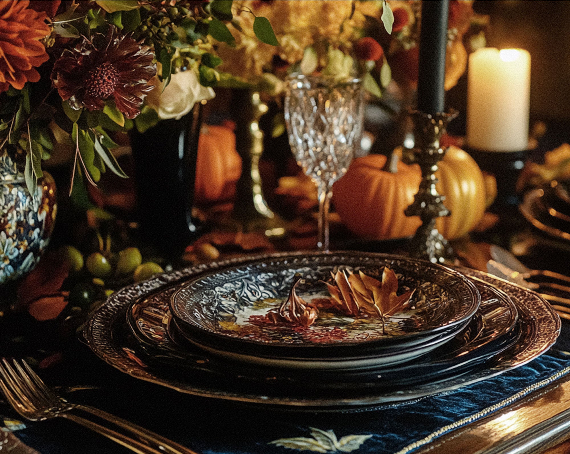 An elegant autumn-themed table setting featuring a stack of dark blue and gold patterned plates, a clear cut crystal wine glass, a blue napkin, and a rich floral arrangement with pumpkins and candles in the background.