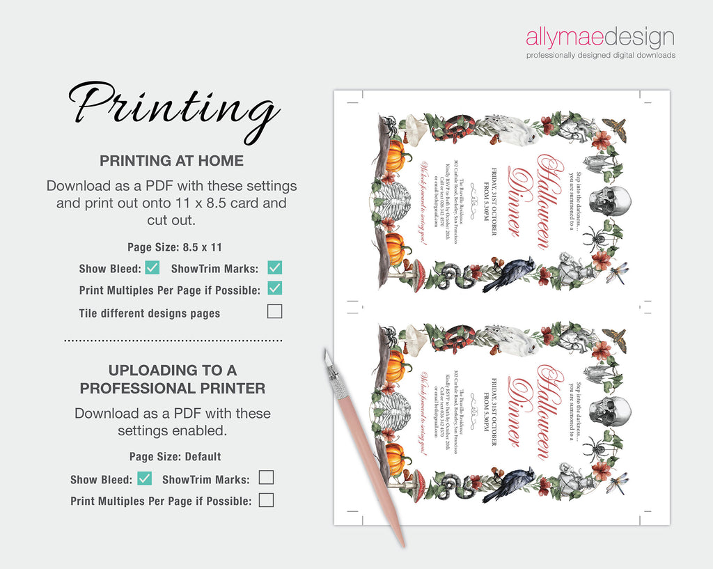 A digital product listing graphic for a Halloween-themed printable card template. The left side features text explaining how to print and upload the design, with a cutter as a prop.