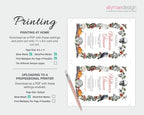 A digital product listing graphic for a Halloween-themed printable card template. The left side features text explaining how to print and upload the design, with a cutter as a prop.