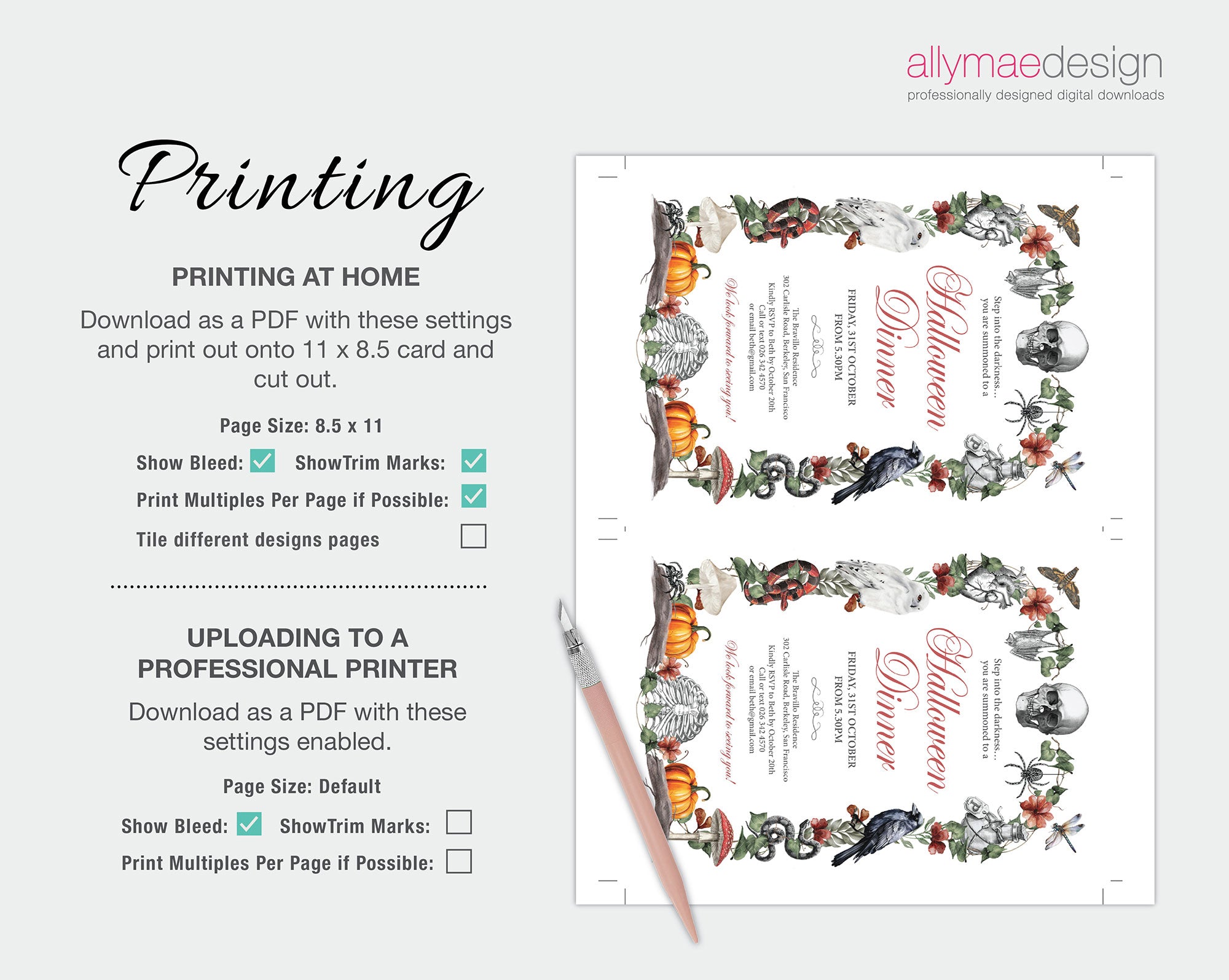A digital product listing graphic for a Halloween-themed printable card template. The left side features text explaining how to print and upload the design, with a cutter as a prop.