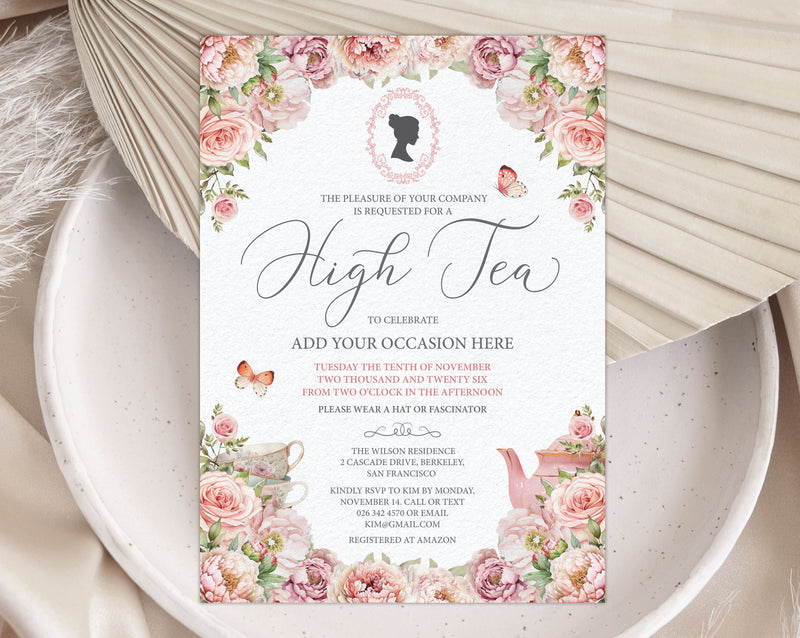 Regency High Tea Invitation, Blush Pink Floral Teapot & Cameo, Editable CORJL Template, Digital Download 5 x 7 Regency Tea Party Invite