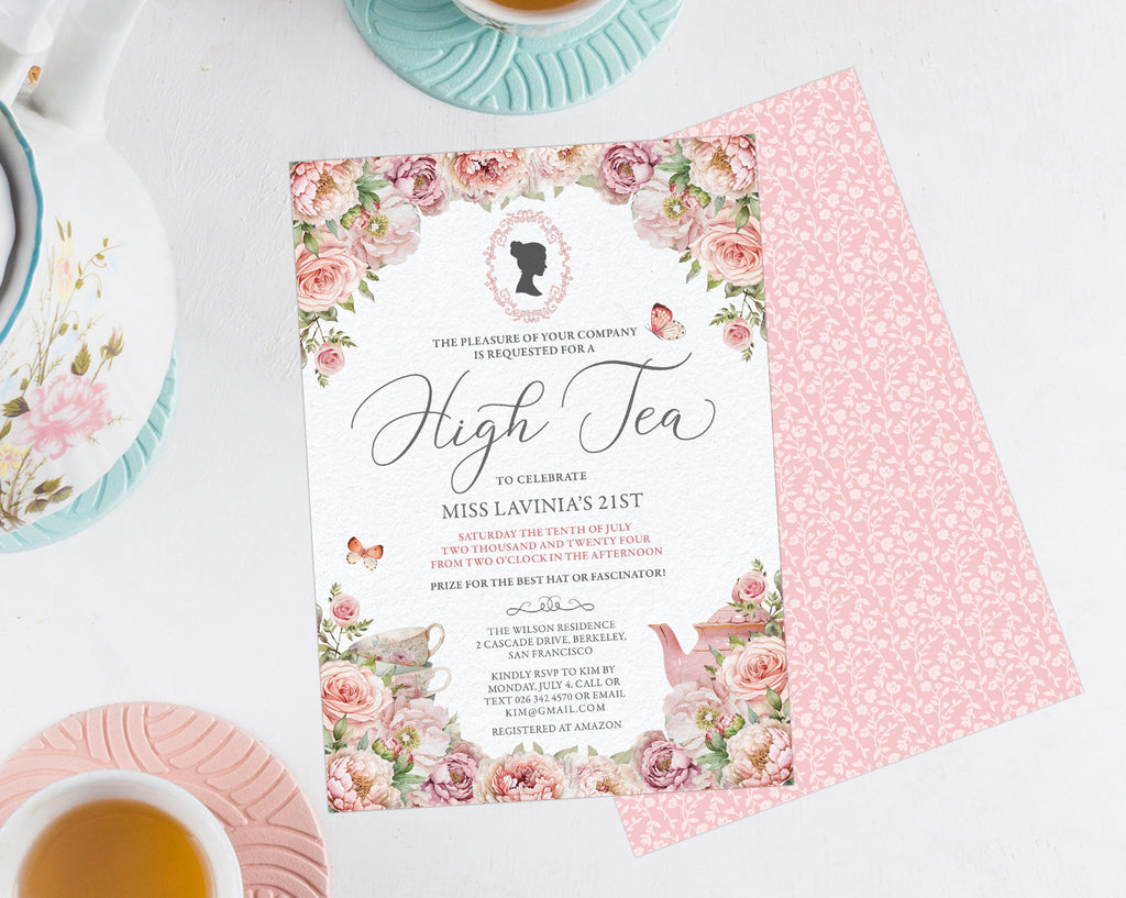 Girls High Tea birthday party in blush pink with pretty pattern back